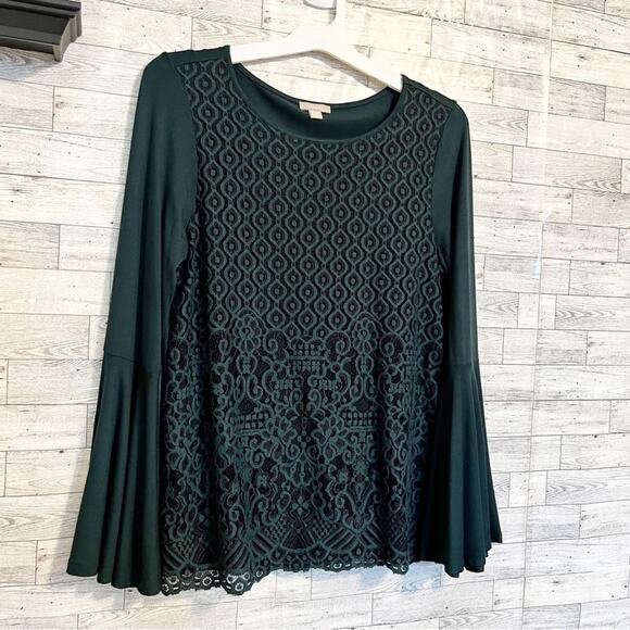POINTELLE Green Lace Overlay Blouse With Bell Sleeves, L - Picture 4 of 8